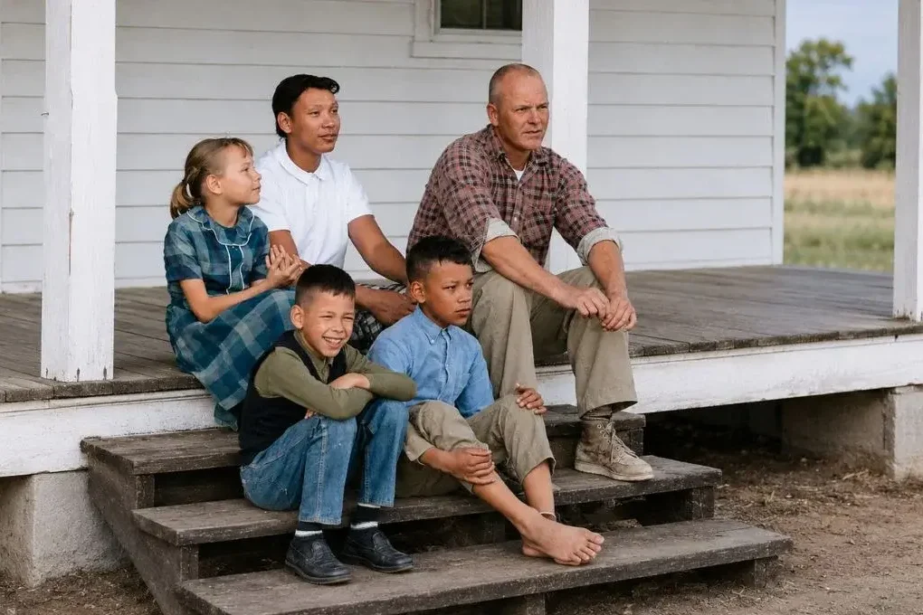 HD colorized family portrait sitting on a porch in a vintage-style photo