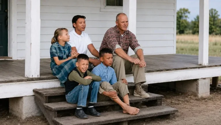 HD colorized family portrait sitting on a porch in a vintage-style photo