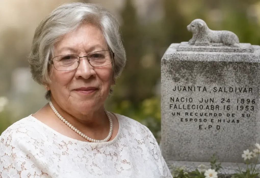 Juanita Saldivar biography feature image with portrait and memorial stone in a garden setting