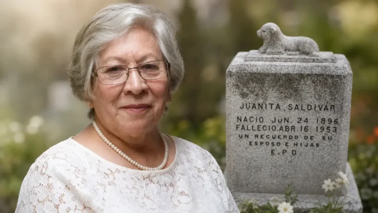 Juanita Saldivar biography feature image with portrait and memorial stone in a garden setting